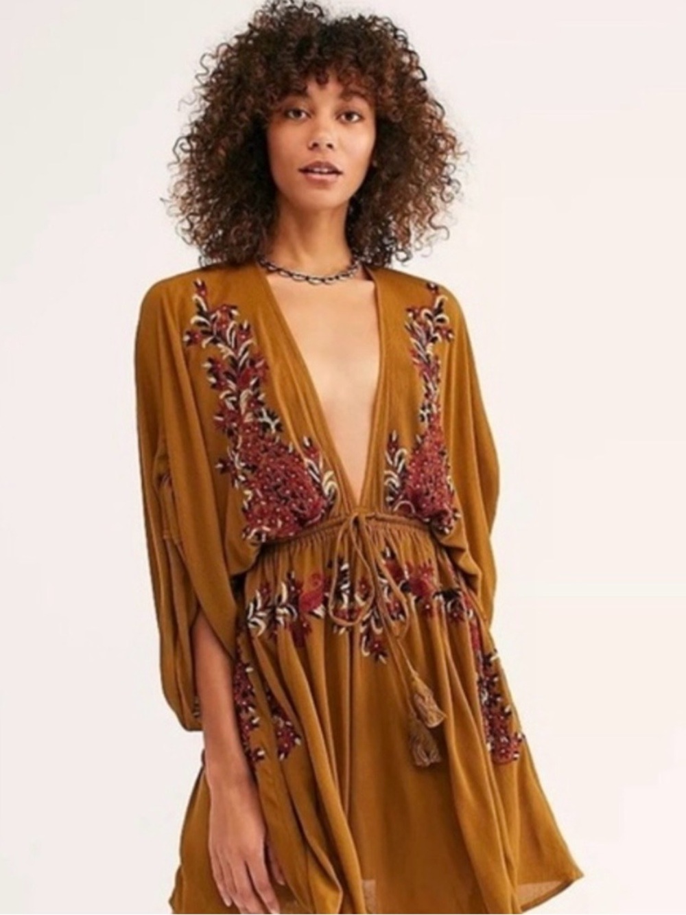 Free People Pretty Pineapple Embroidered Mustard Mini Dress